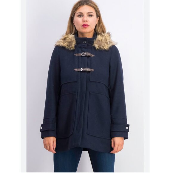 CoffeeShop Emmalise Faux Fur Lined Hood Wool Toggle Coat, Size Large, Navy - Picture 2 of 14
